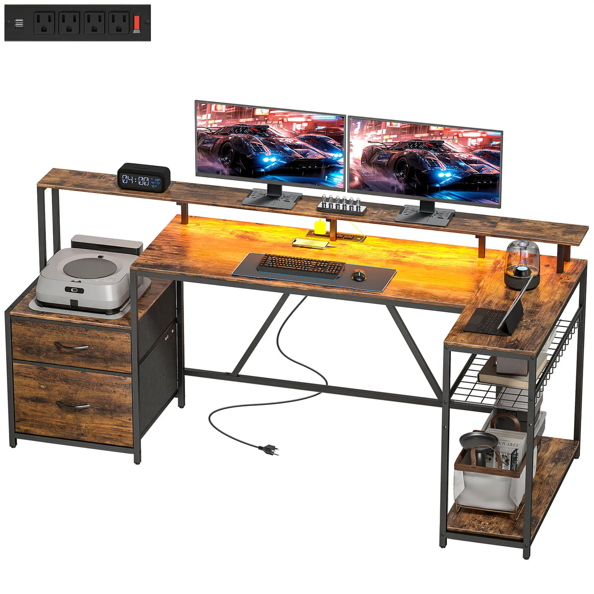 76" Gaming Desk, RGB Lights, USB Ports, Monitor Stand, Rustic Brown Gaming Desks Rustic Brown at Gallery Canada