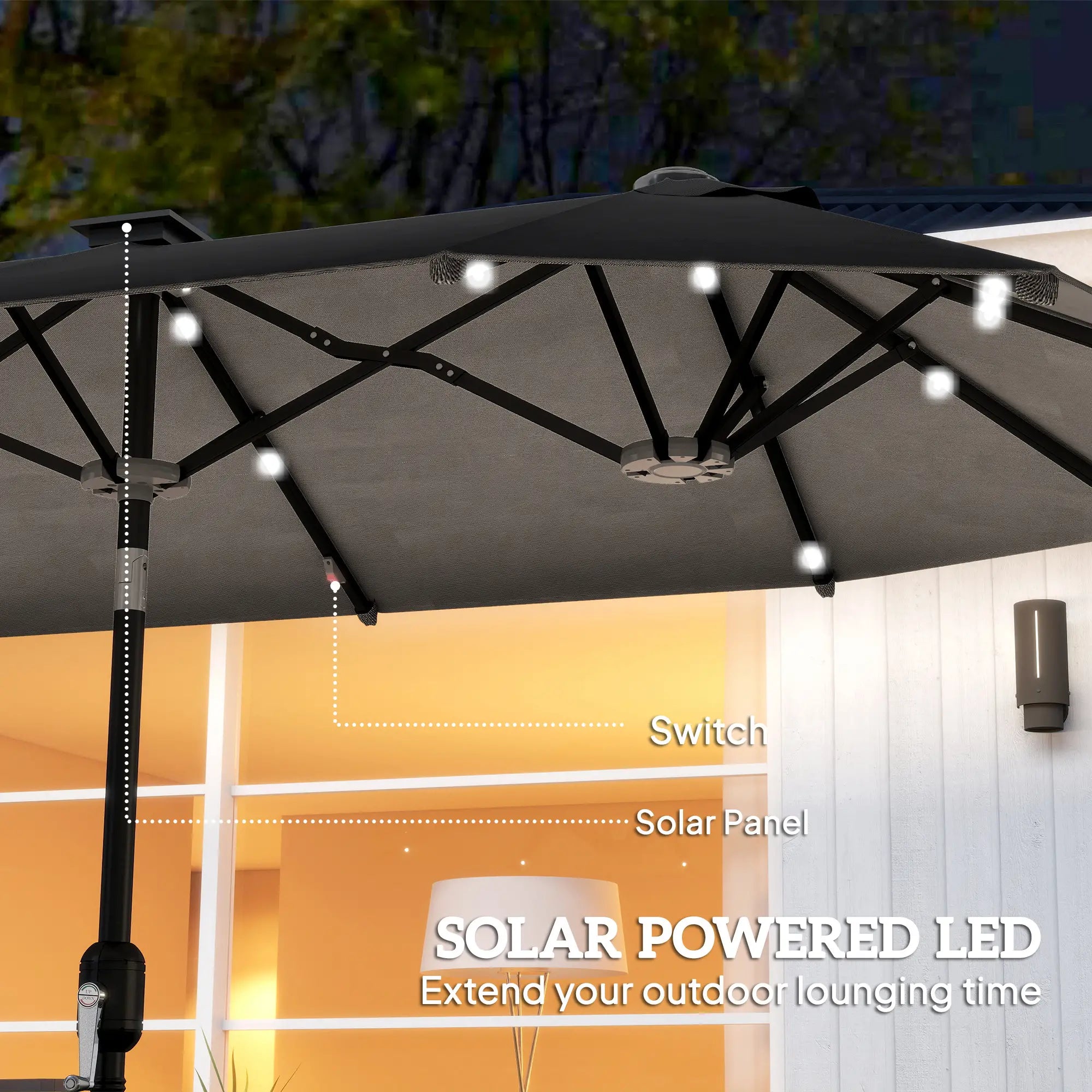 10ft Double-Sided Patio Umbrella, 35 LED Lights, 12 Ribs, Dark Grey Double-sided Umbrellas at Gallery Canada