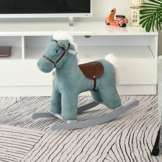 Kids Plush Ride-On Rocking Horse, Soft Bear Toy, Realistic Sounds, Blue Rocking Horses Blue at Gallery Canada