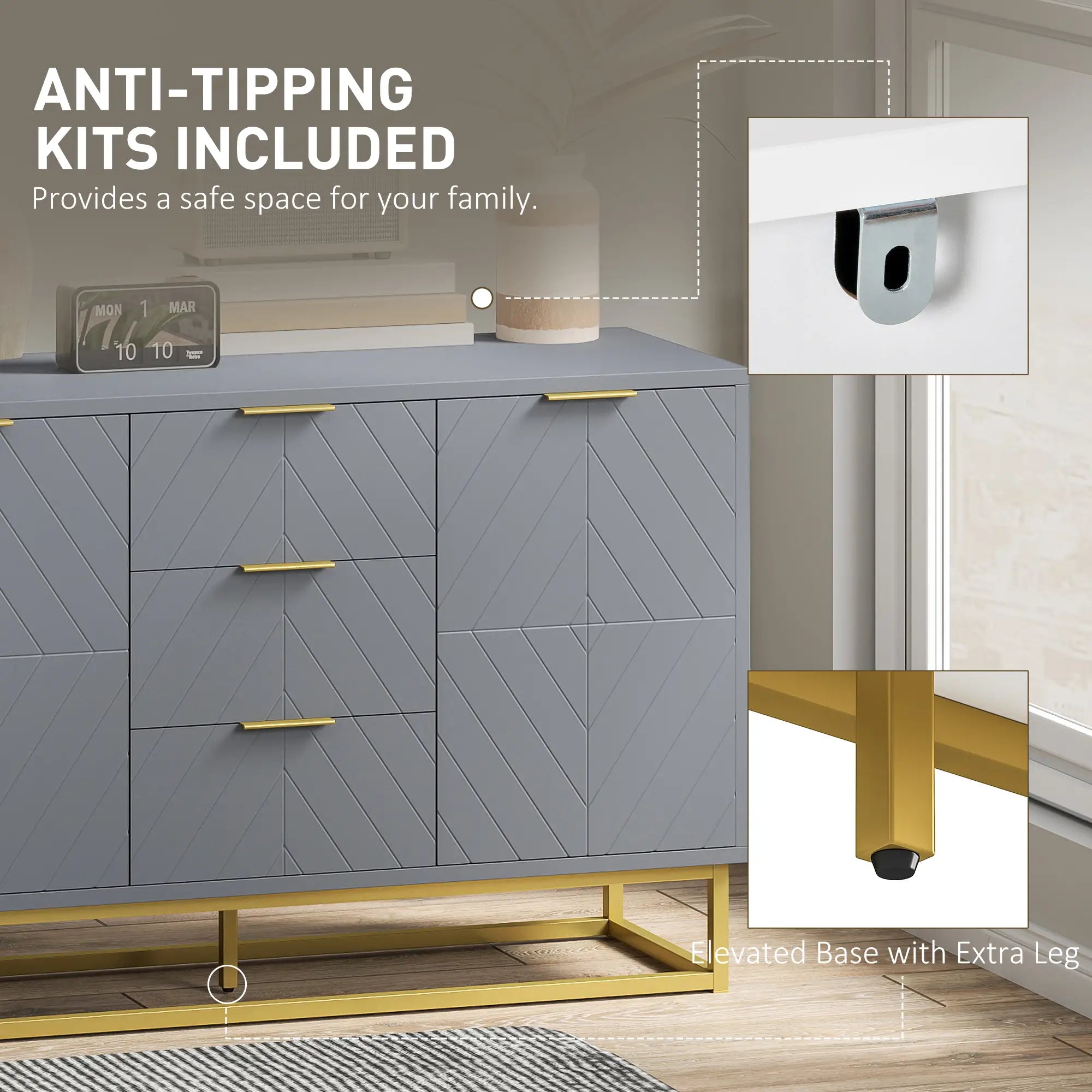 Sideboard Storage Cabinet, 3 Drawers, Adjustable Shelves, Grey Bar Cabinets at Gallery Canada