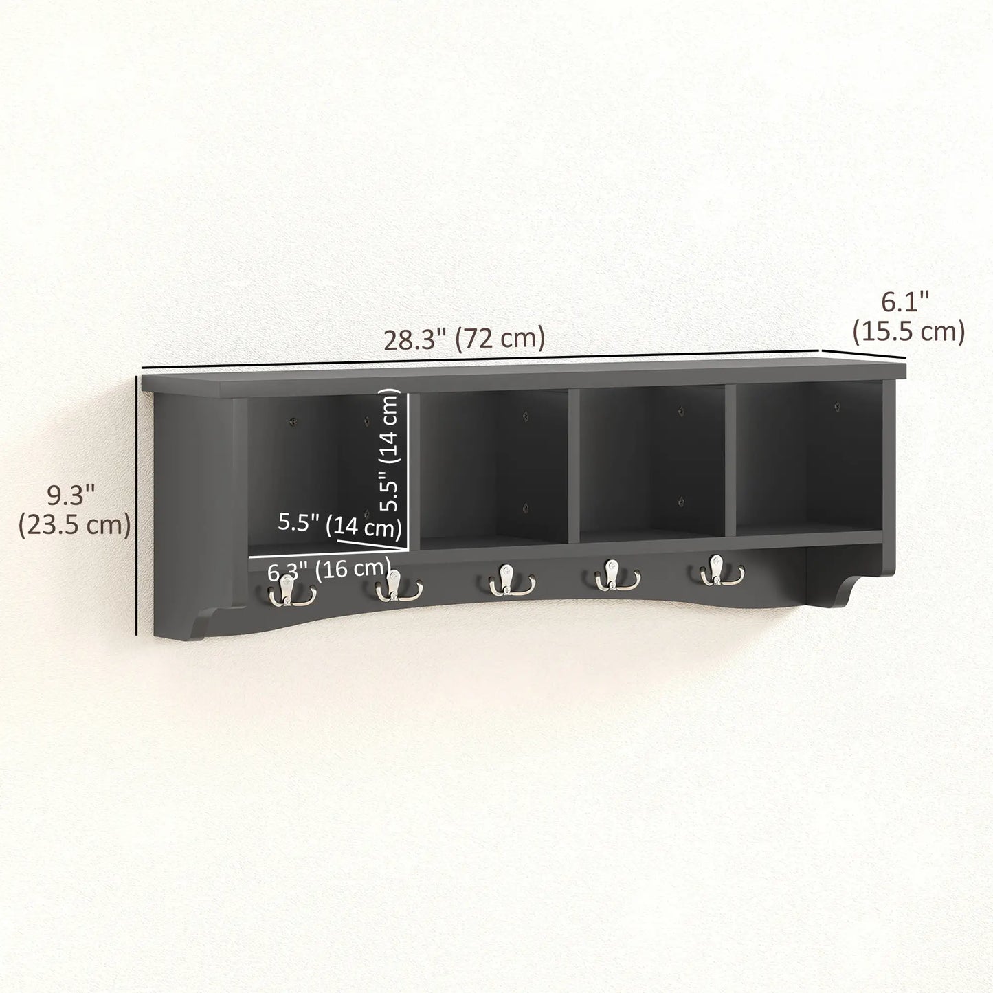 Wall Mount Coat Rack with Shelf, 28", 5 Hooks, 4 Compartments, Black