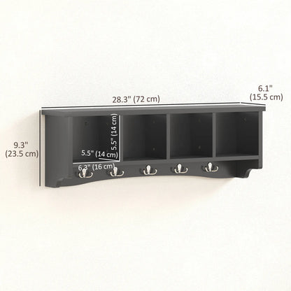 Wall Mount Coat Rack with Shelf, 28", 5 Hooks, 4 Compartments, Black
