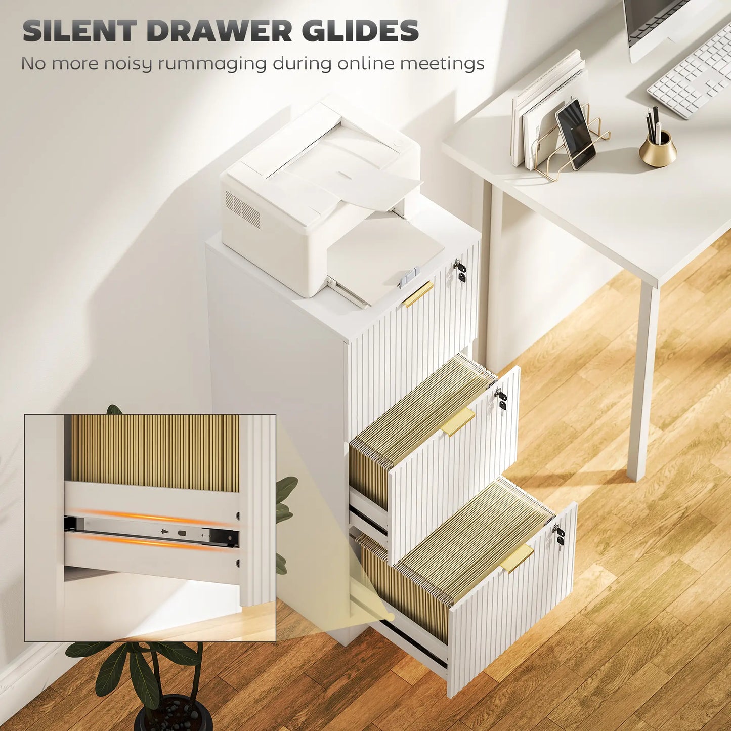 Lockable Filing Cabinet, 3 Fluted Drawers, Adjustable Hanging Rails, White Office Cabinets & Cupboards at Gallery Canada