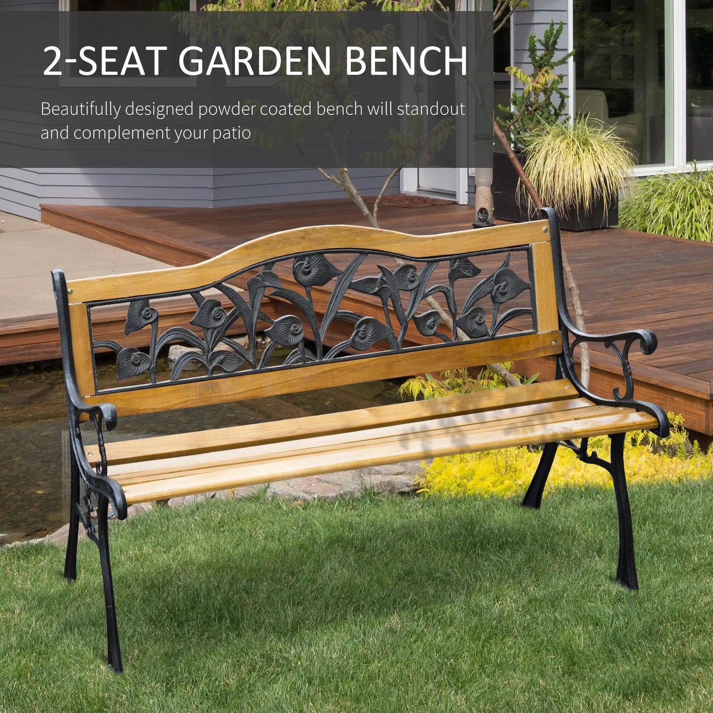 50" 2-Seater Garden Bench, Cast Iron Wooded Loveseat, Natural Outdoor Benches at Gallery Canada