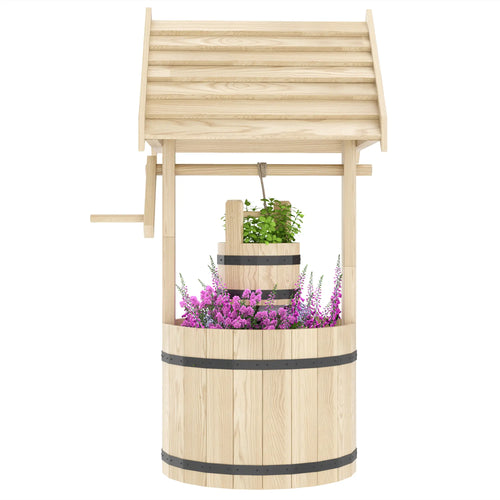 Wood Wishing Well Planter With Hanging Bucket, Natural