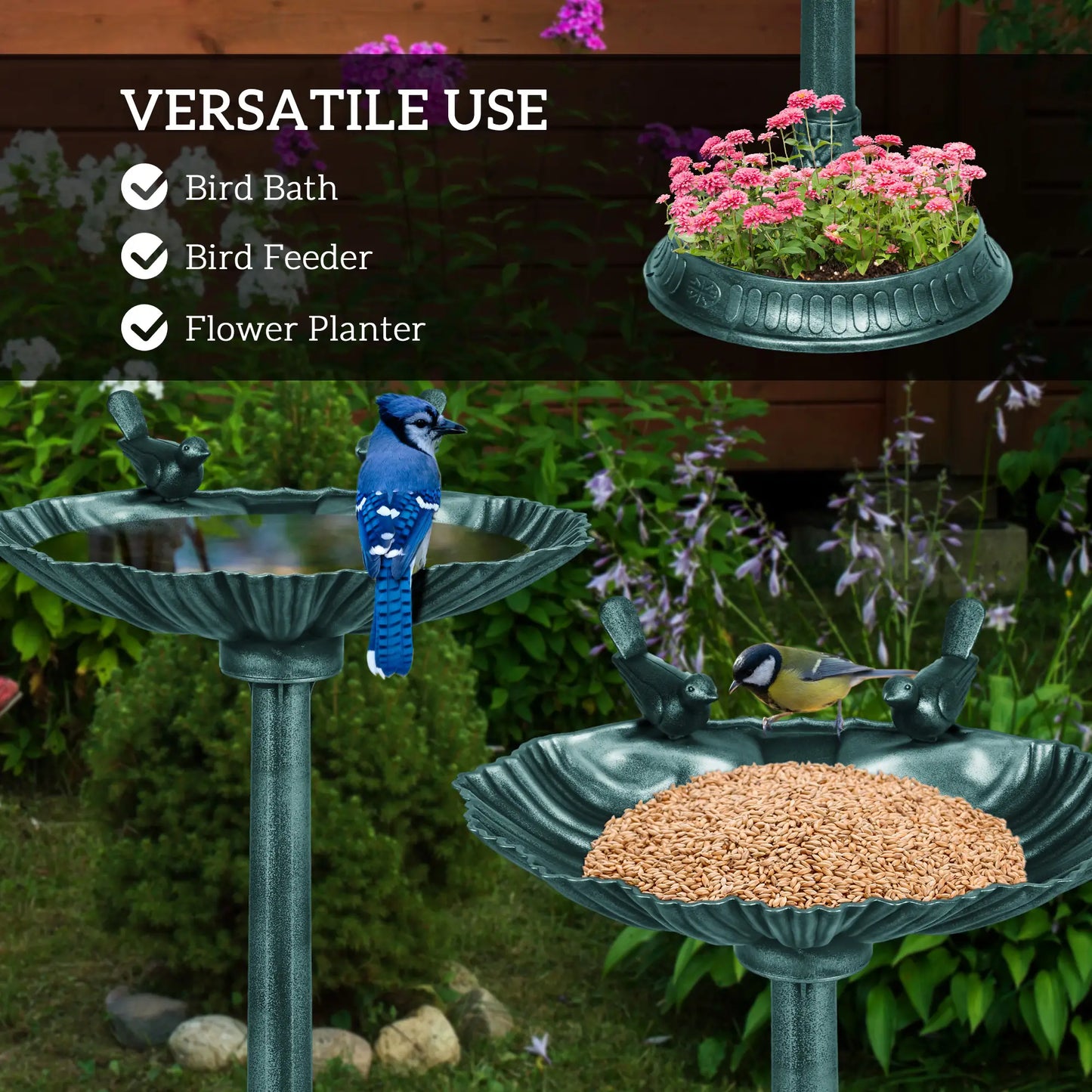 32" Bronze Green Bird Bath With Decorative Birds, Flower Planter Base, Bronze Green Garden Decor at Gallery Canada