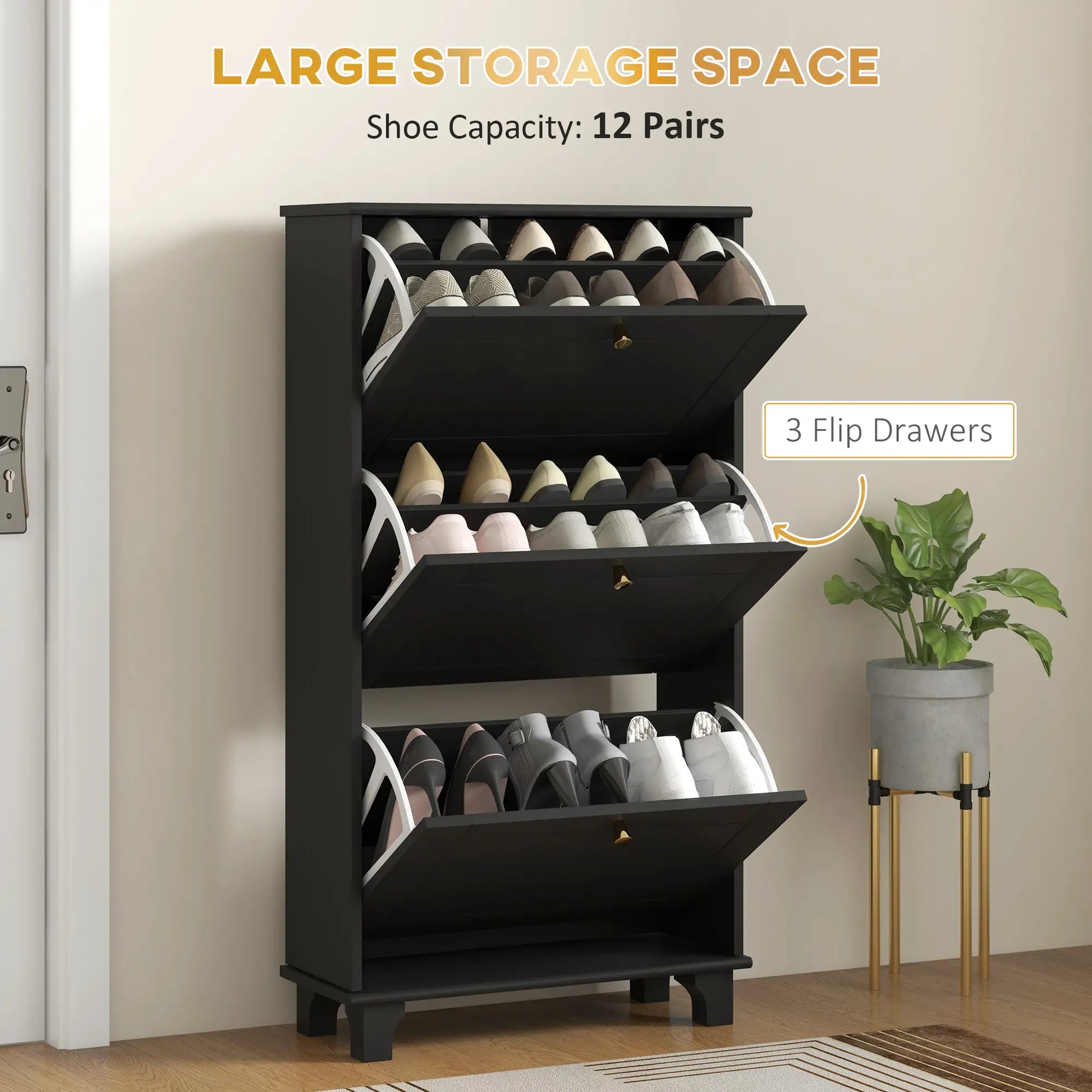 Narrow Shoe Storage, 3 Flip Drawers, Adjustable Shelves, Holds 12 Pairs, Black Shoe Storage Cabinets & Racks at Gallery Canada