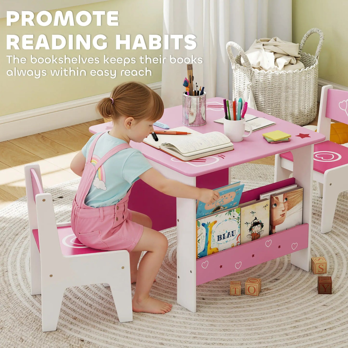 Kids Table Chair Set with Bookshelves, 3 Pieces, Pink Kids Table Sets at Gallery Canada