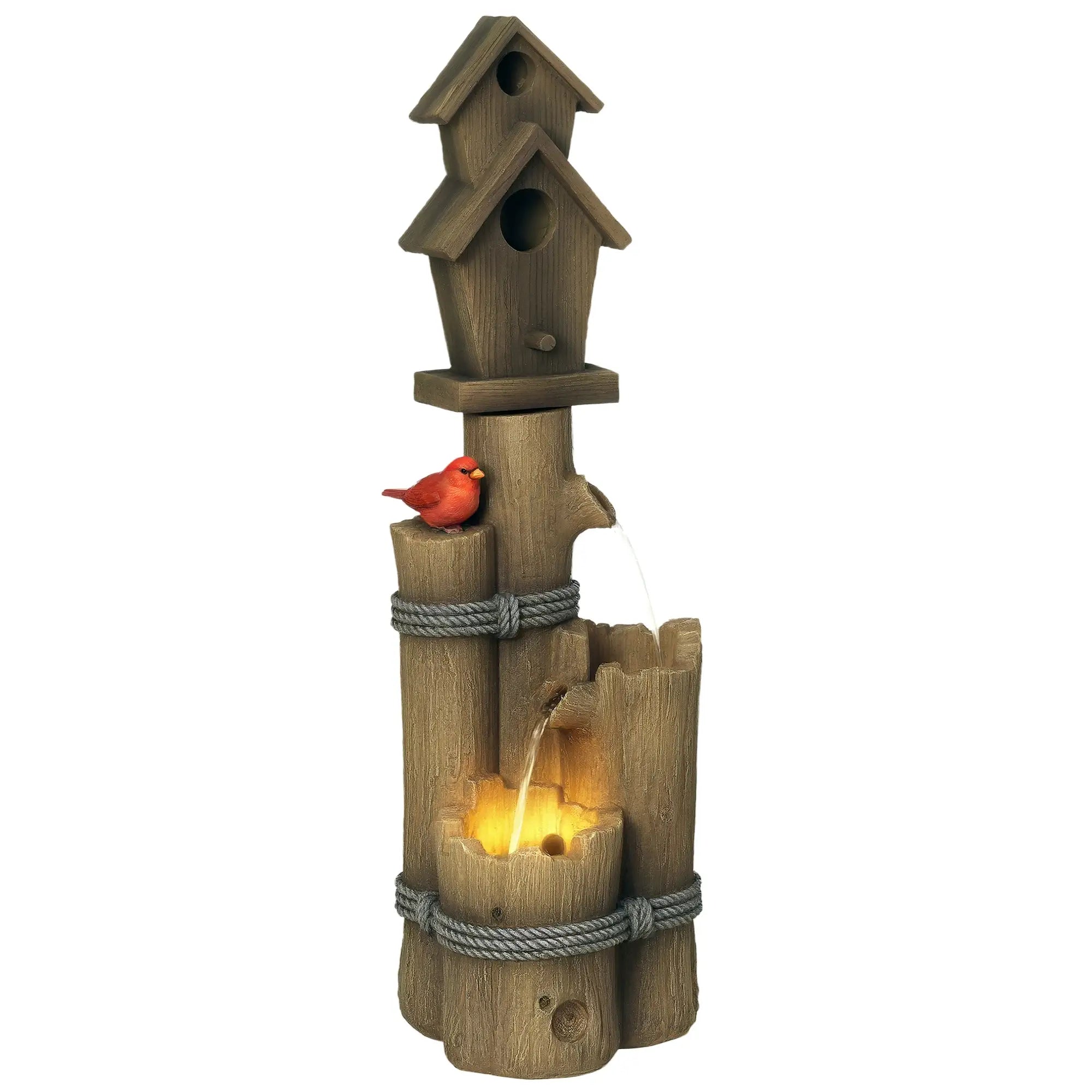 Outdoor Fountain, Garden Waterfall with Birdhouse, 3-Tier Tree Trunk, LED Lights, Brown Water Fountains at Gallery Canada