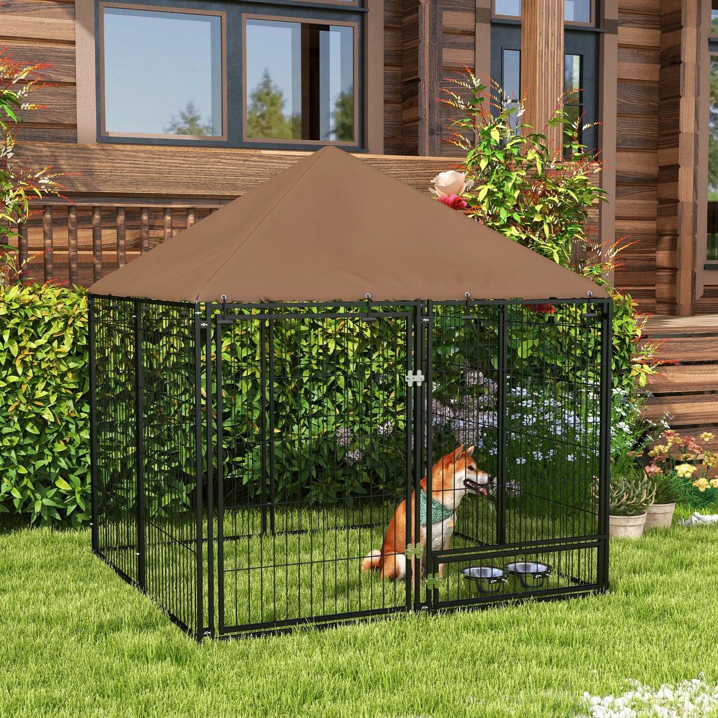 4.6' x 4.6' x 5' Outdoor Dog Kennel, Canopy, Rotating Bowls, Coffee Houses, Kennels & Pens at Gallery Canada