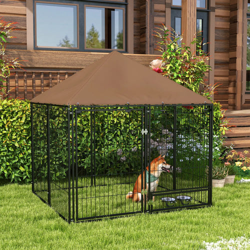 4.6' x 4.6' x 5' Outdoor Dog Kennel, Canopy, Rotating Bowls, Coffee