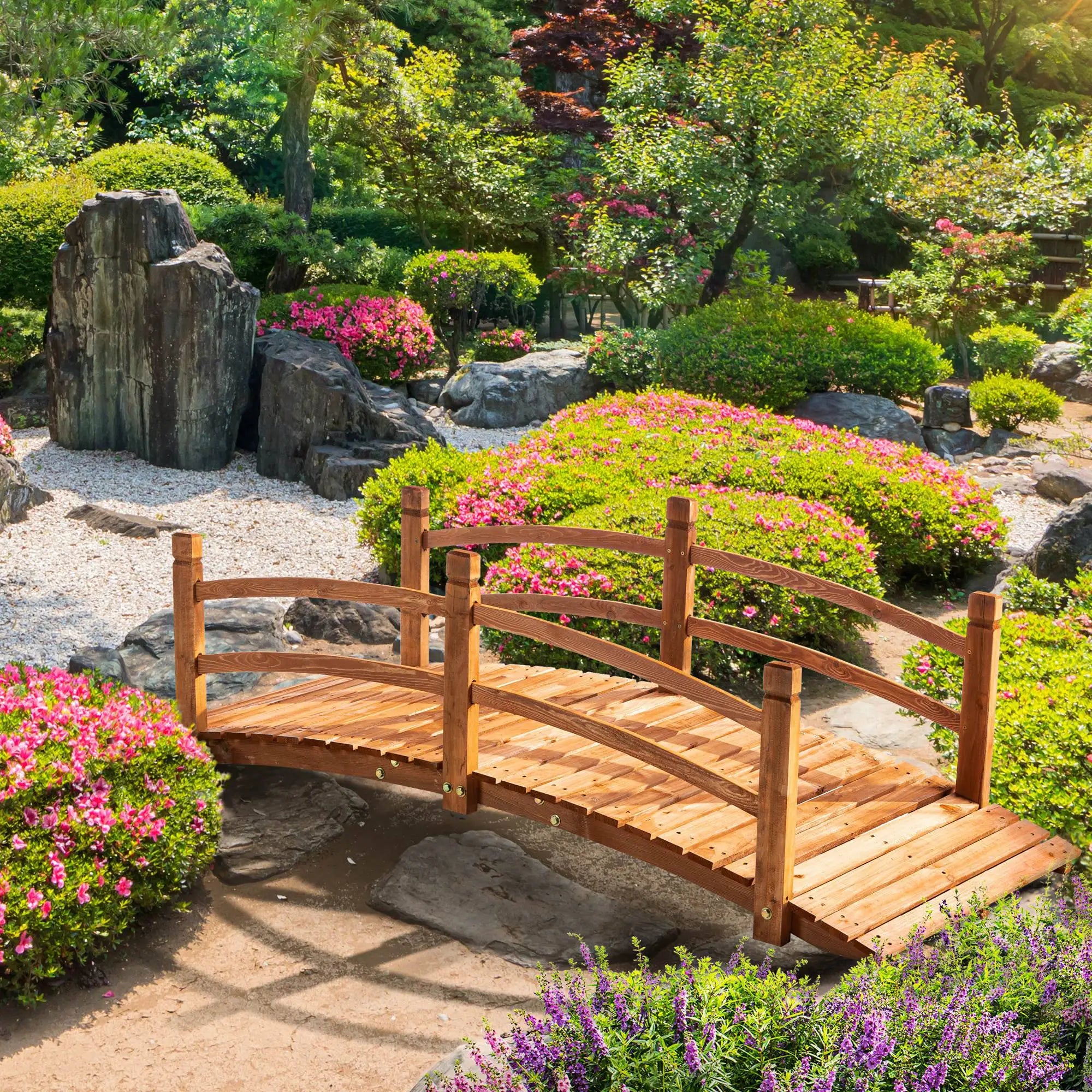 6FT Wooden Garden Bridge, Arc Footbridge with Guardrails, Orange Garden Bridges at Gallery Canada