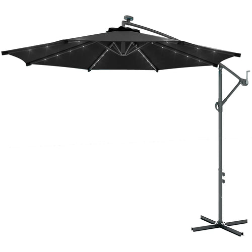 10ft Banana Umbrella, Solar Lights, Adjustable Angle, Patio Backyard, Black