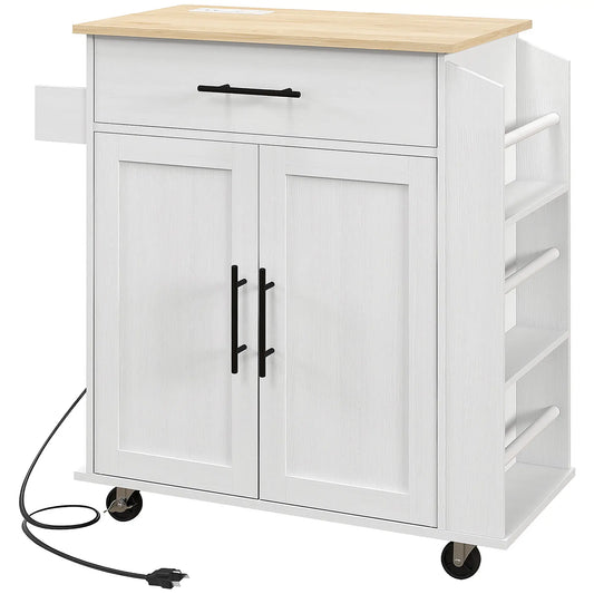 Rolling Kitchen Island with Wheels, Power Outlets, Drawer, Doors Kitchen Islands & Kitchen Carts White, Oak at Gallery Canada