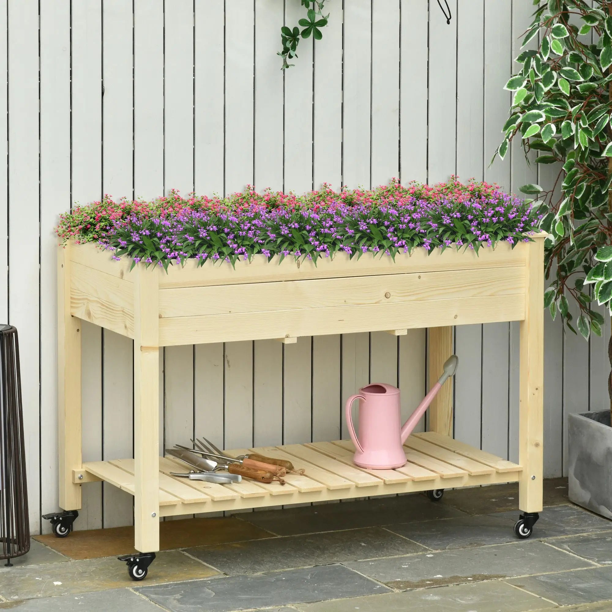 Mobile Raised Garden Bed, Wood Planter Box w/ Wheels, Storage Shelf, Natural Elevated Garden Beds at Gallery Canada