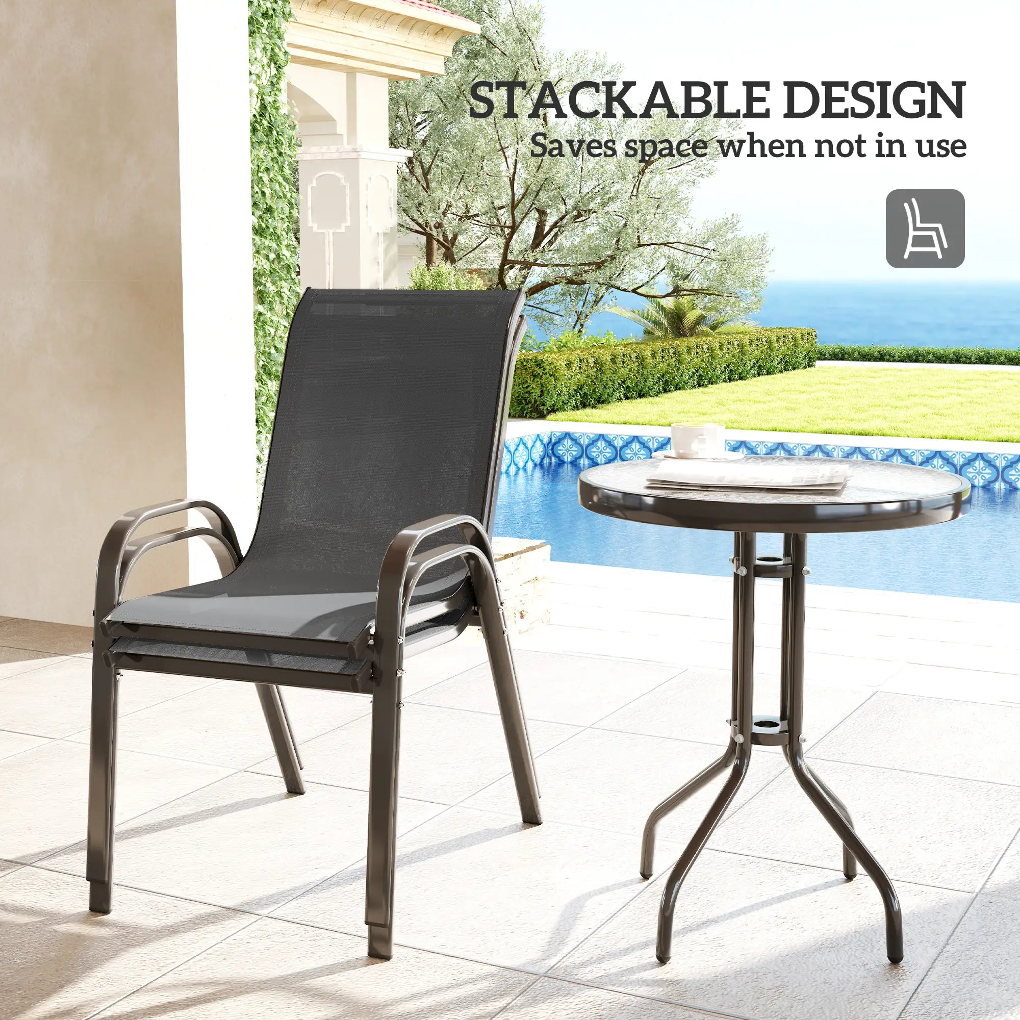 3 Piece Bistro Set, Stackable Mesh Chairs, Glass Table, Dark Grey Bistro Sets at Gallery Canada