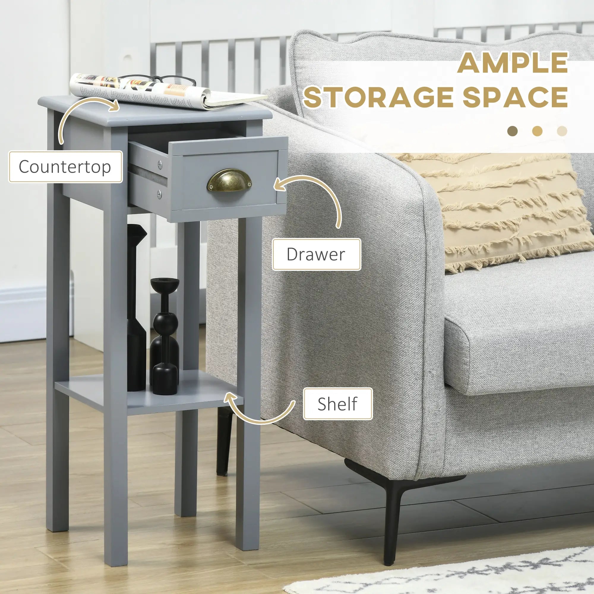 Narrow Side Table Set of 2, 2 Tier with Drawer, Shelf, Grey Side Tables at Gallery Canada