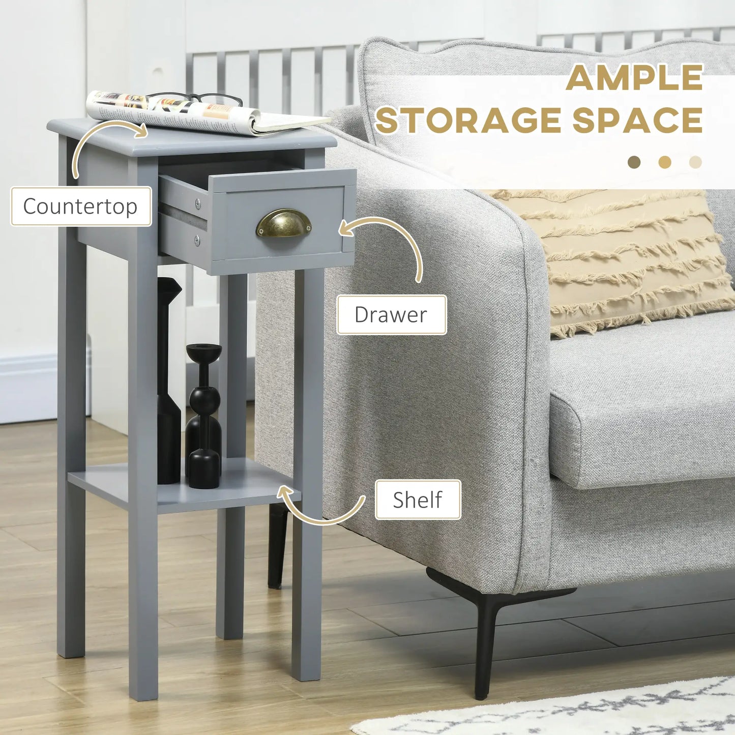 Narrow Side Table Set of 2, 2 Tier with Drawer, Shelf, Grey Side Tables at Gallery Canada