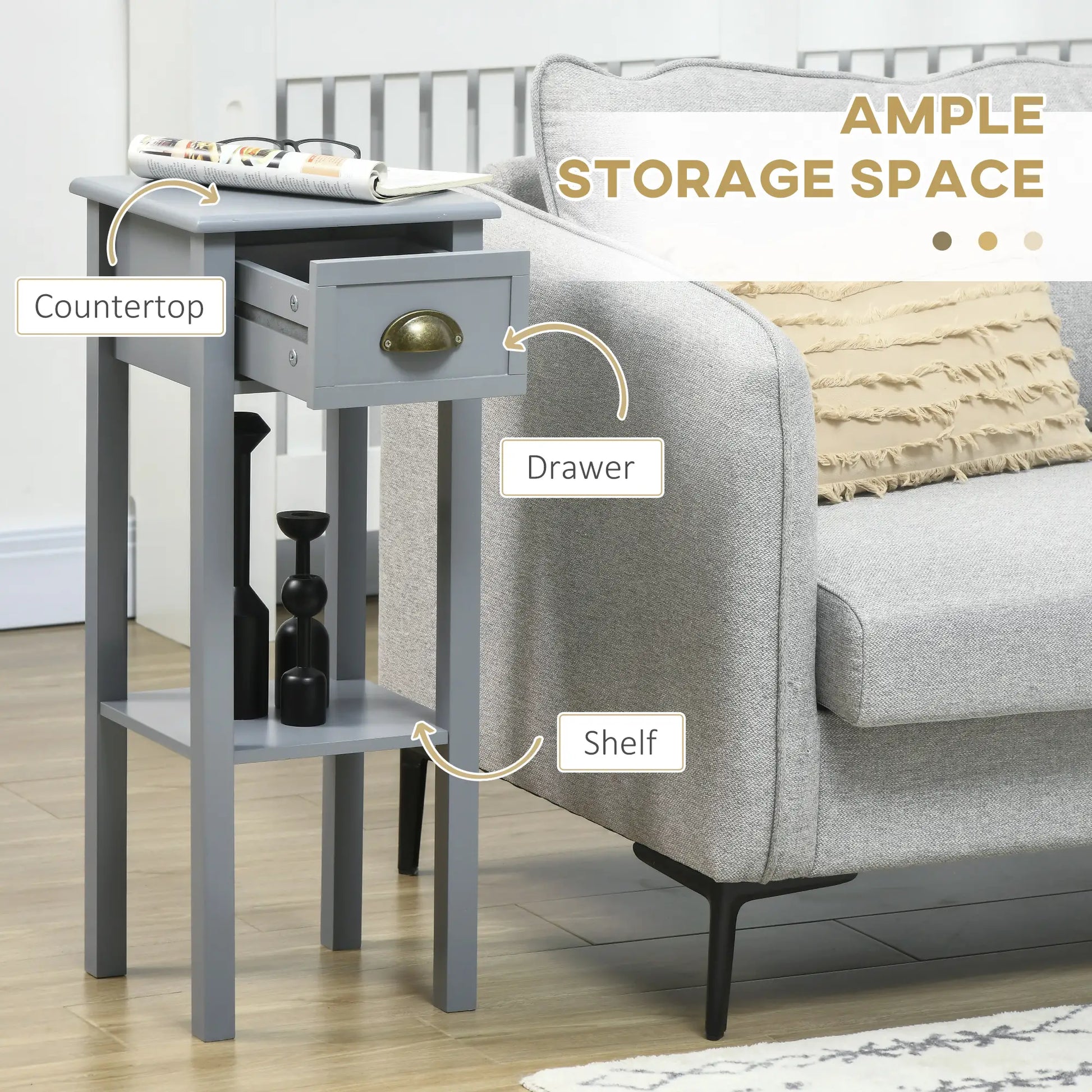 Narrow Side Table Set of 2, 2 Tier with Drawer, Shelf, Grey Side Tables at Gallery Canada