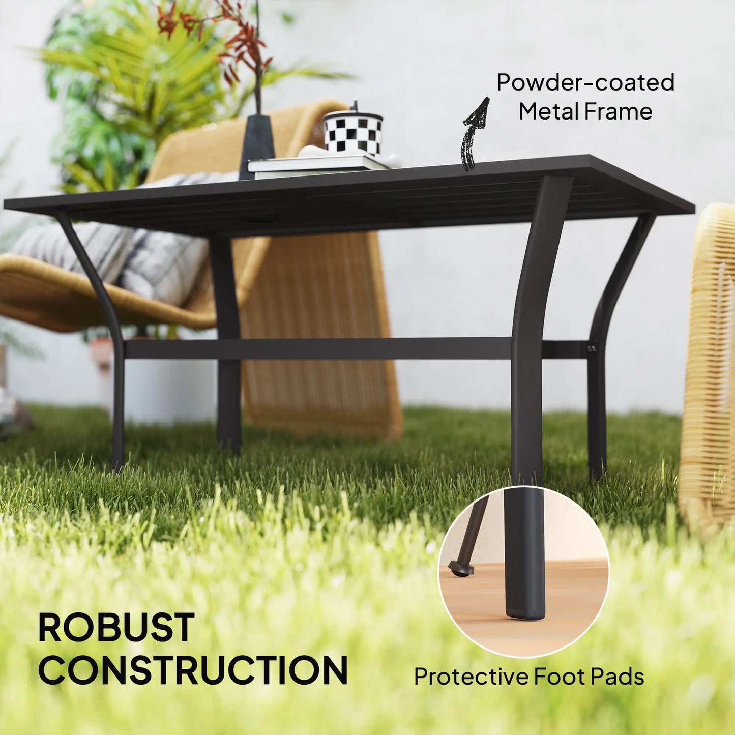 Outdoor Side Table, Slatted Tabletop, Metal Patio Coffee Table, Black Patio Side Tables at Gallery Canada