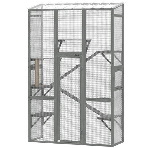 Wooden Catio Outdoor Cat Enclosure, 6 Jumping Platforms, Scratching Post, 2 Ramps, Waterproof Roof, Grey