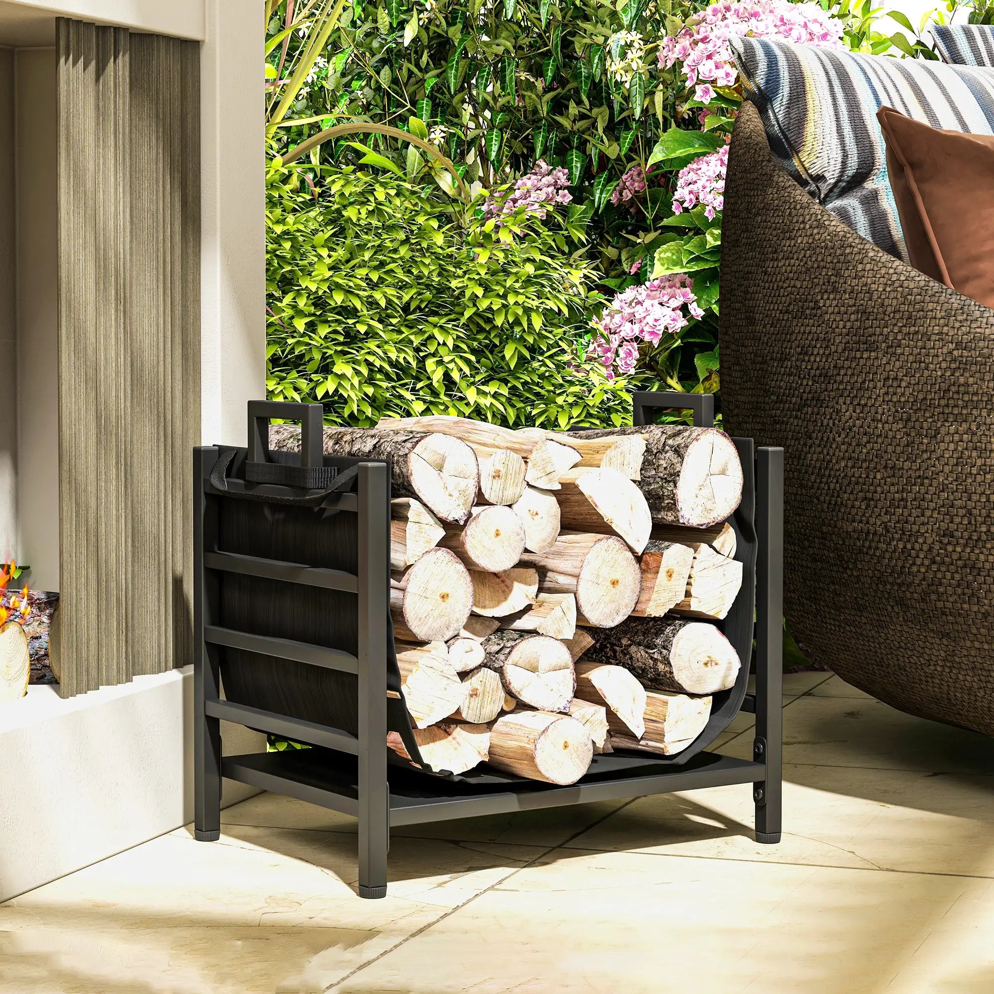 Outdoor Firewood Rack With Log Carrier, Heavy Duty Steel, Black Firewood Racks at Gallery Canada