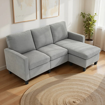 L-Shape Sectional Sofa with Ottoman, Modern Living Room Couch, Light Grey