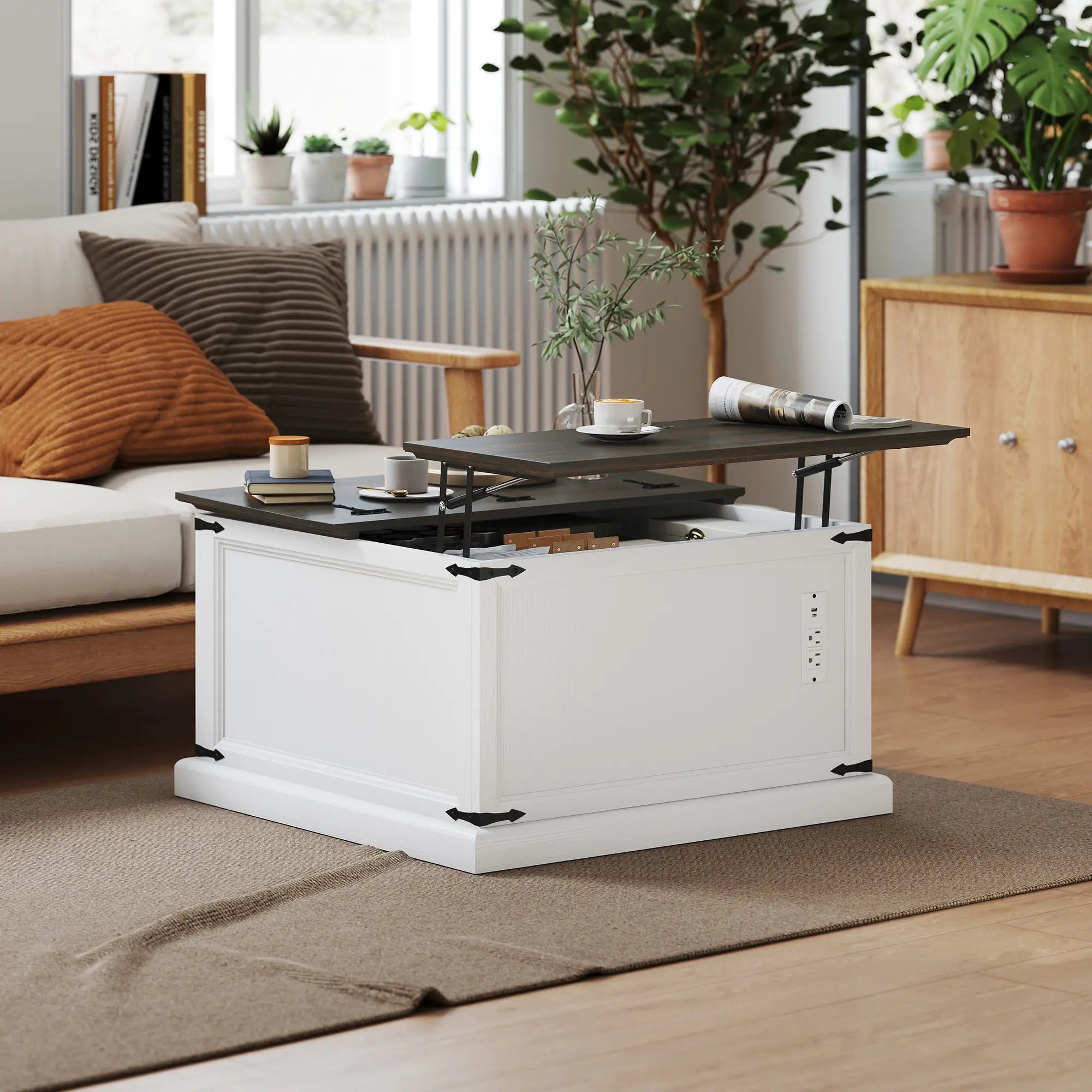 Lift Top Coffee Table, Square Farmhouse Center Table, White Wood Grain, White Coffee Tables at Gallery Canada
