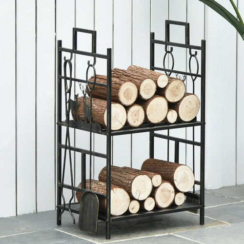 2-Layer Heavy Duty Firewood Rack, 4 Tools, Black and Gold
