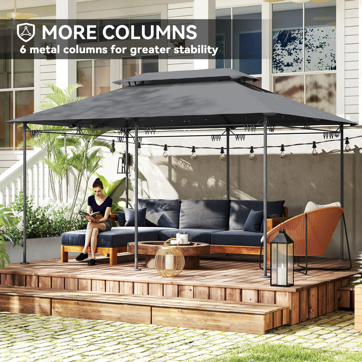 10' x 13' Double Roof Patio Gazebo, Outdoor Gazebo with Curtains, Grey