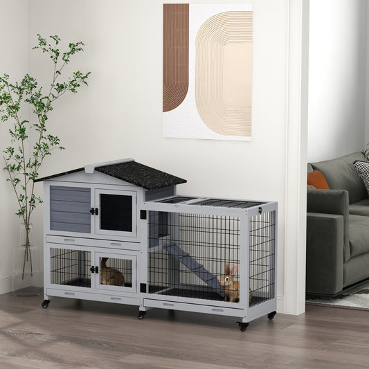 Rabbit Cage Outdoor Indoor Wooden Rabbit Hutch with Run Openable Top 3 Removable Trays, for 1-2 Rabbits, Grey - Gallery Canada