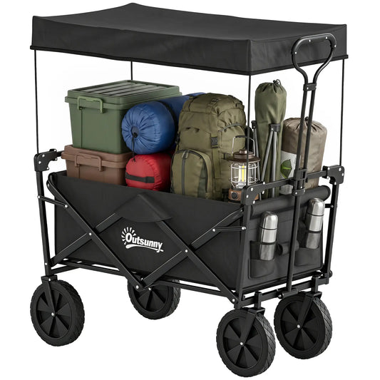 Steel Frame Folding Garden Cart, Collapsible Wagon, Removable Canopy Folding Garden Carts Black at Gallery Canada