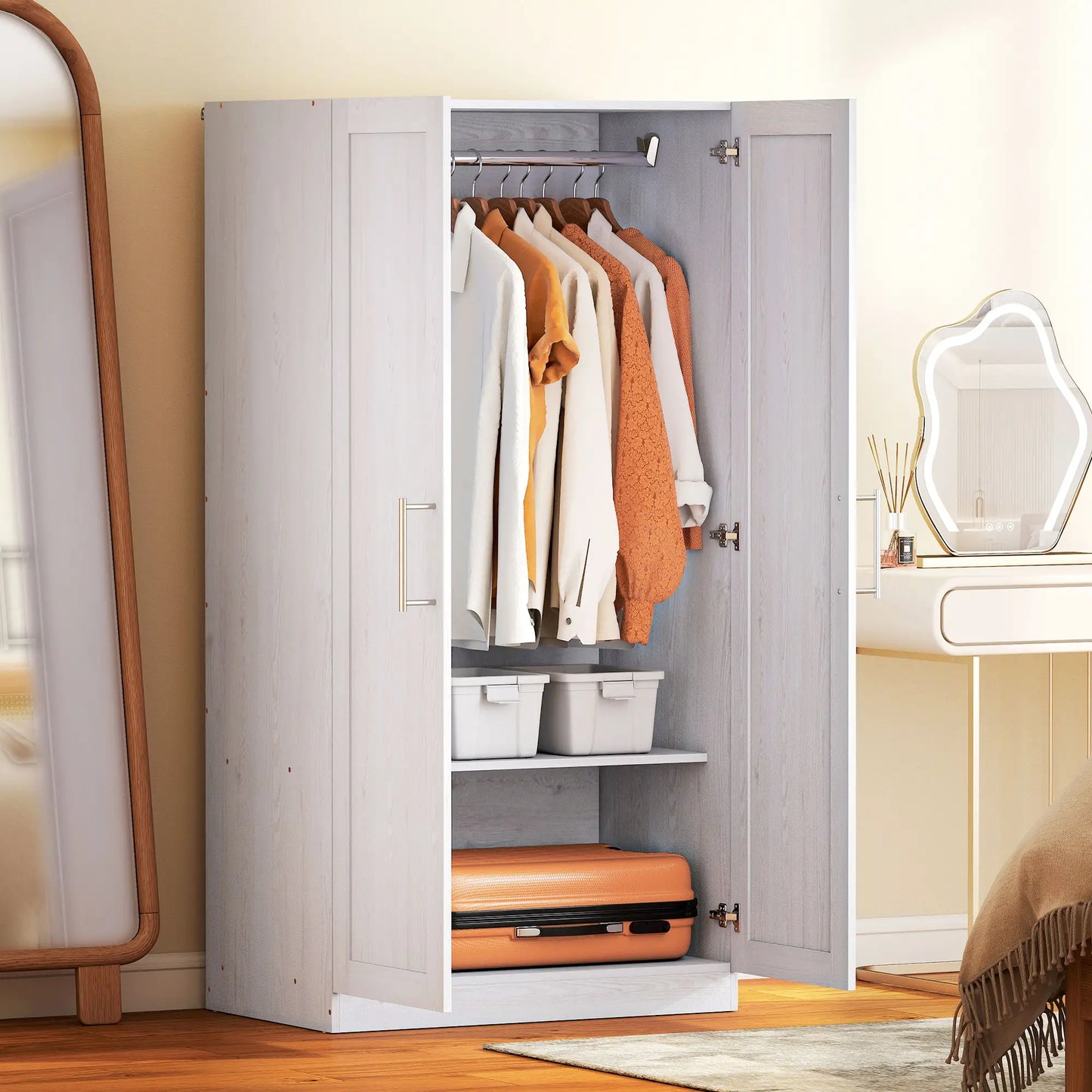 White Wood Effect Wardrobe Cabinet, 2 Doors With Hanging Rod, White