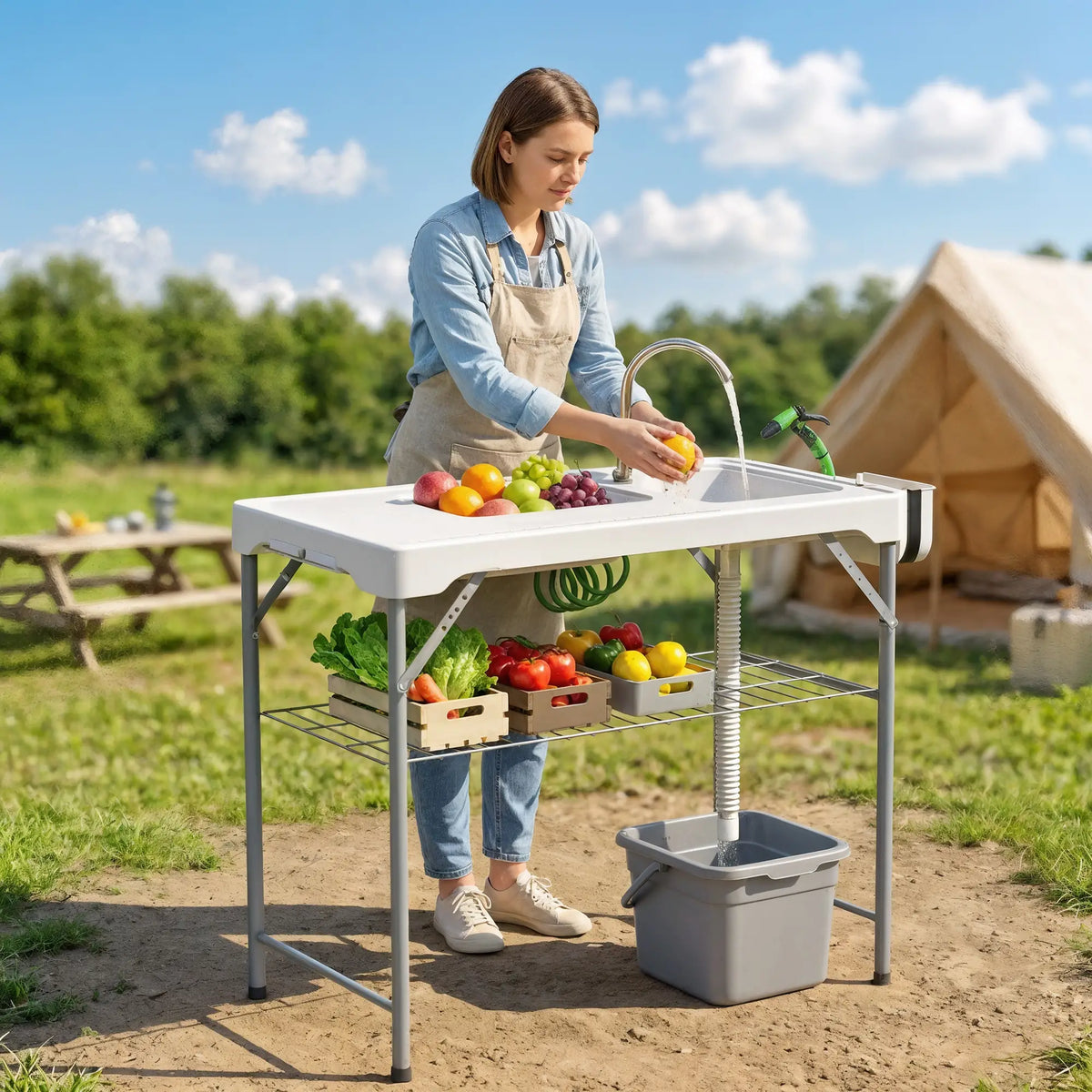 Folding Fish Cleaning Table with Sinks, Outdoor Sink Station, White Picnic Tables & Camping Chairs at Gallery Canada