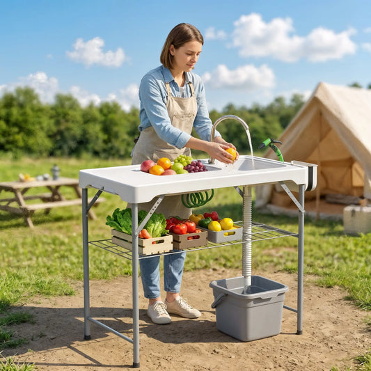 Folding Fish Cleaning Table with Sinks, Outdoor Sink Station, White Picnic Tables & Camping Chairs White at Gallery Canada