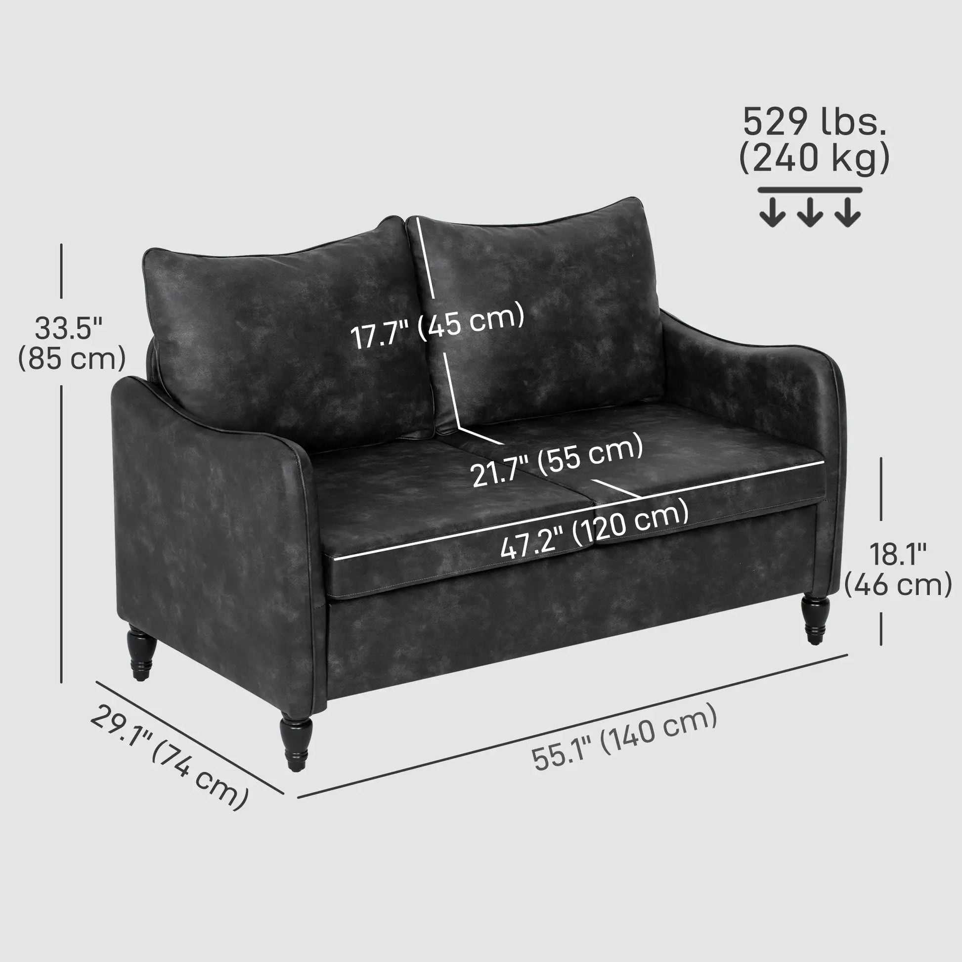 55" Loveseat Sofa, 2 Seater with Wood Legs, PU Leather, Grey 2-Seater Sofas at Gallery Canada