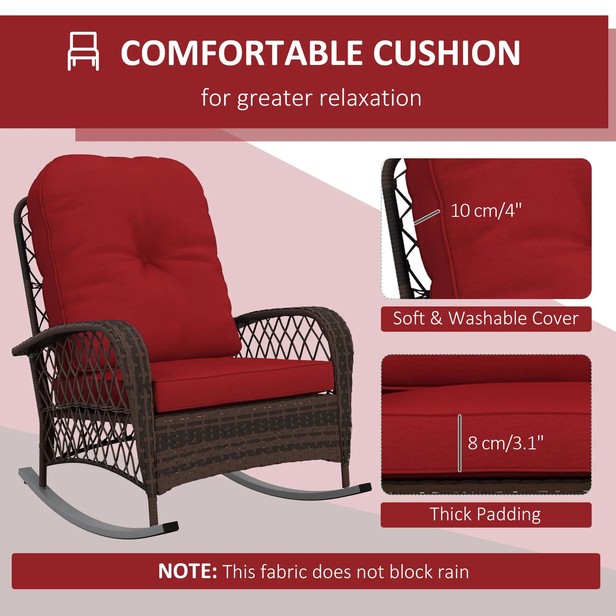 Outdoor Wicker Rattan Rocking Chair, Thick Cushions, Garden Backyard Porch, Red Outdoor Rocking Chairs at Gallery Canada