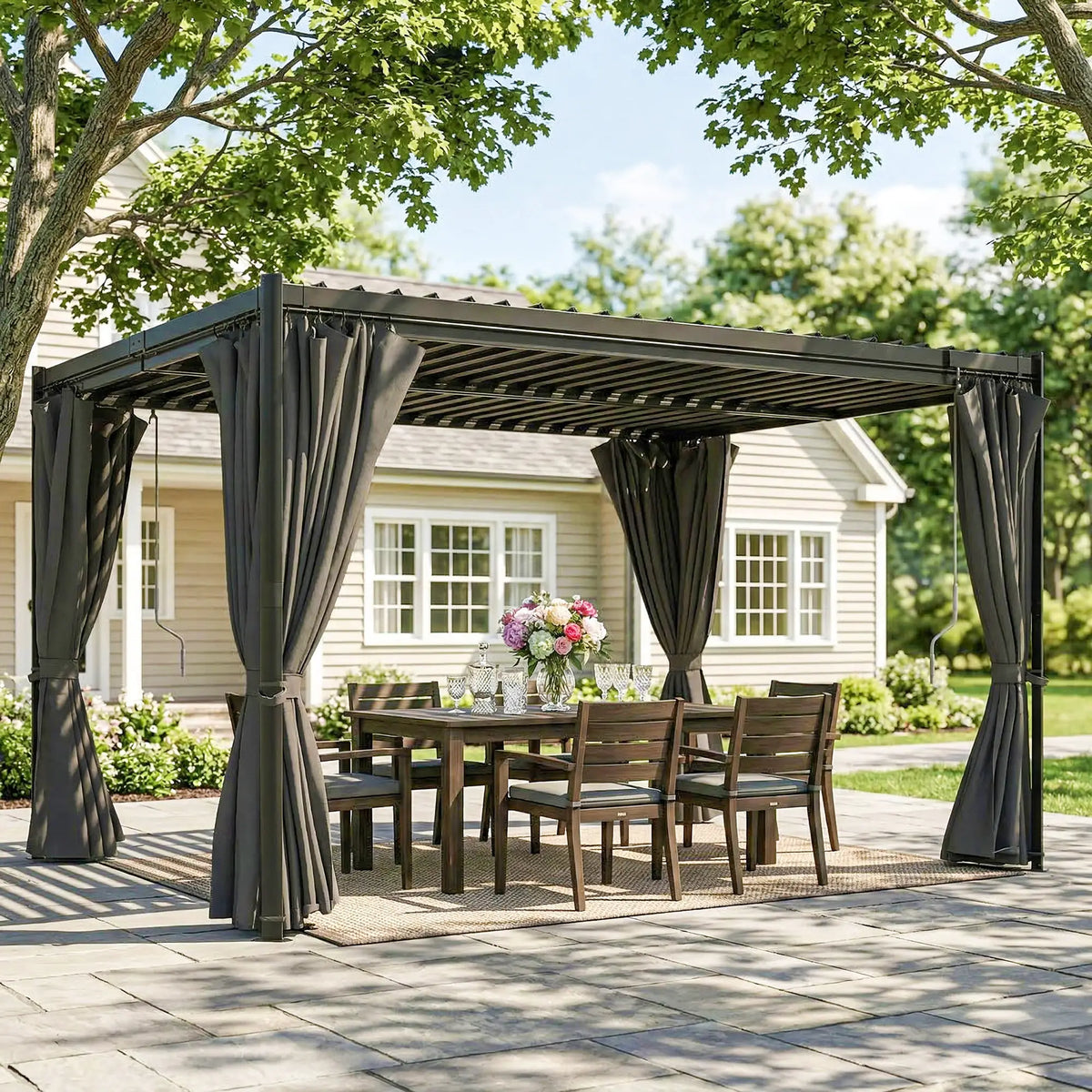 10 x 13 Ft Louvered Pergola With Steel Roof, Curtains, Grey Pergolas at Gallery Canada