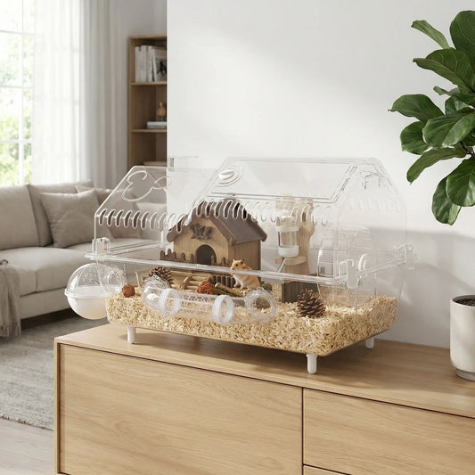 8 In 1 Hamster Cage With Accessories, 21.5" x 11.8" x 12.6" Hamster Cages Transparent, Natural Wood at Gallery Canada