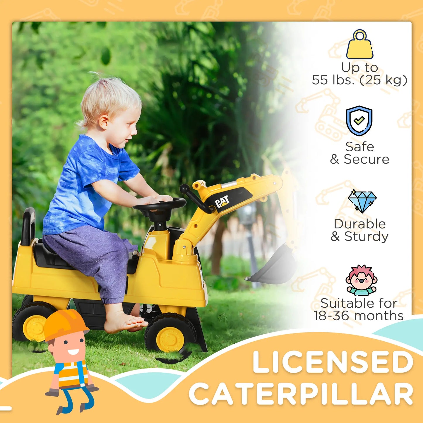 Kids Excavator Ride On Toy, Manual Shovel, Horn, Storage, 18-36 Months, Yellow Toy Excavators at Gallery Canada