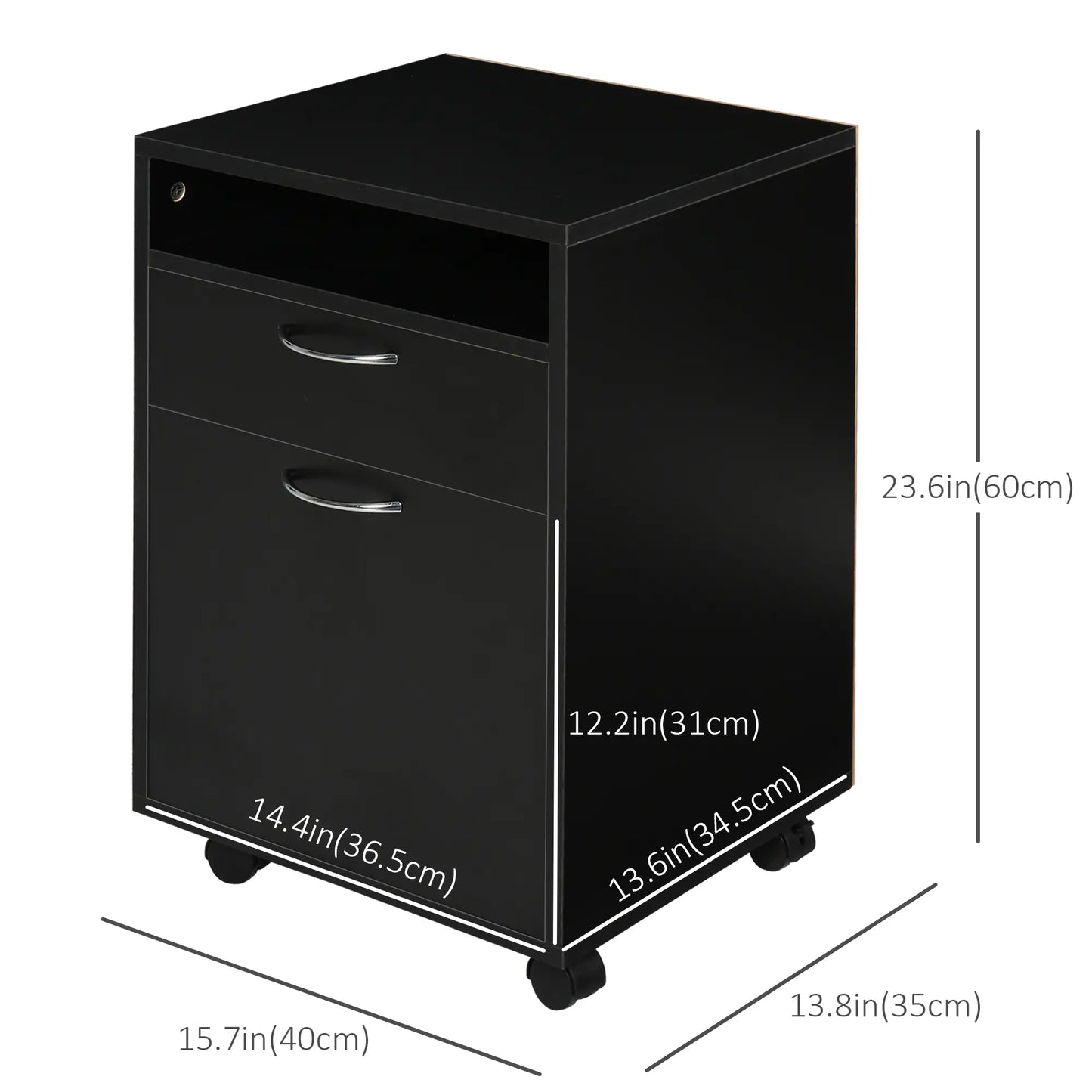 24" Small Filing Cabinet, Open Compartment, Drawer, Wheels, Black Office Cabinets & Cupboards at Gallery Canada