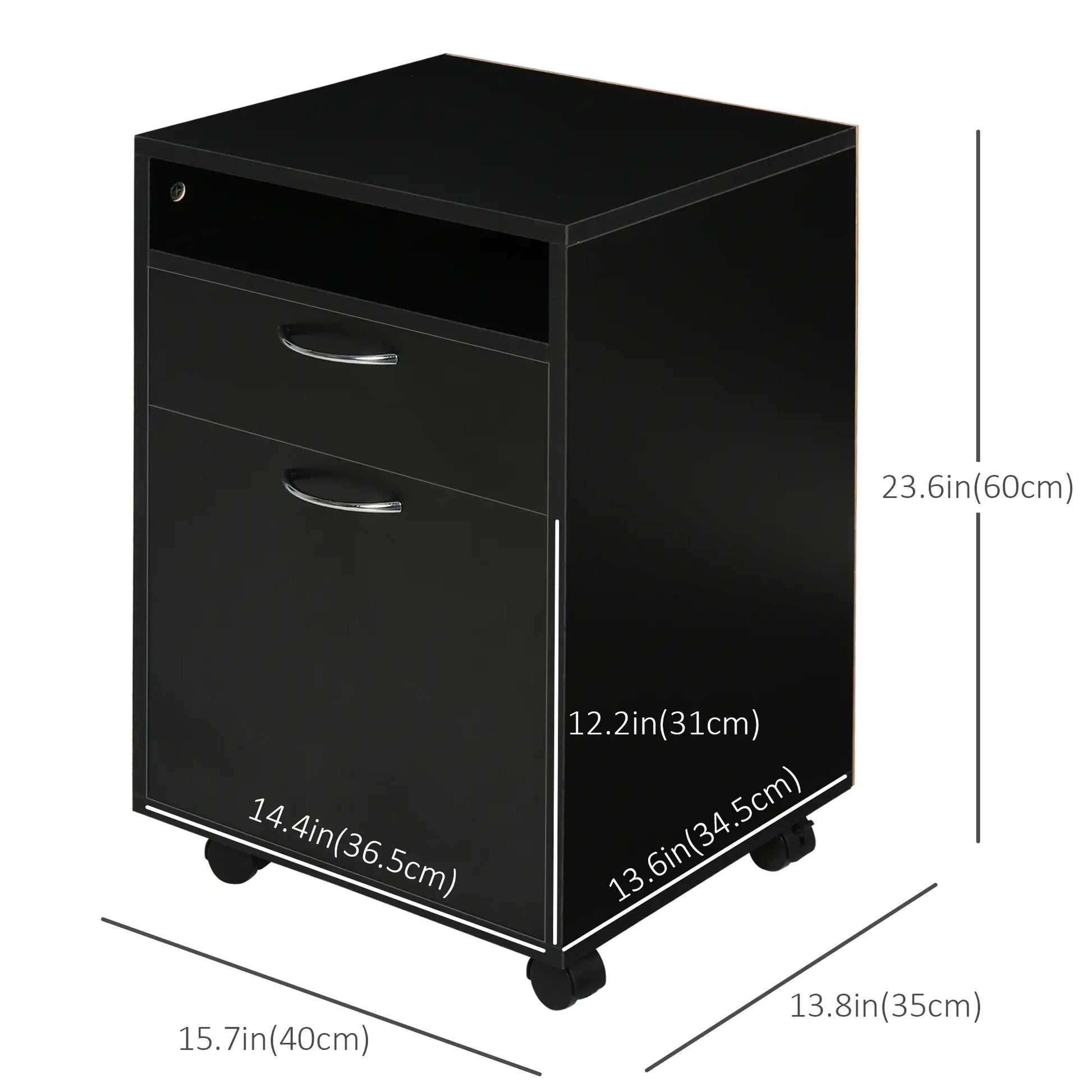 24" Small Filing Cabinet, Open Compartment, Drawer, Wheels, Black Office Cabinets & Cupboards at Gallery Canada