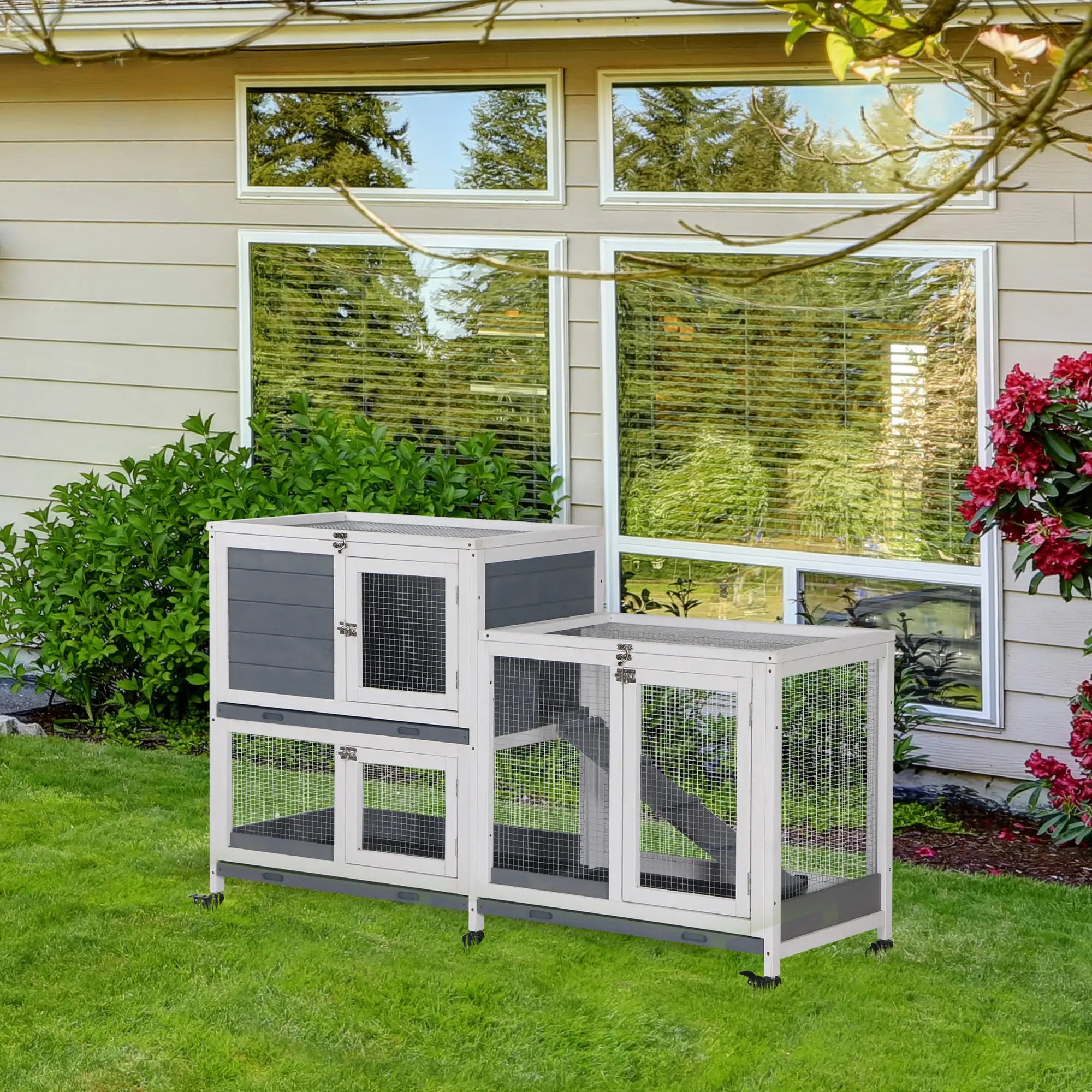 Wooden Rabbit Hutch, Bunny Cage, Small Animal Habitat, Slide-out Tray, Lockable Door, Openable Top, 58