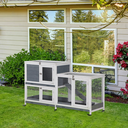 Wooden Rabbit Hutch, Bunny Cage, Small Animal Habitat, Slide-out Tray, Lockable Door, Openable Top, 58" x 18" x 35", Grey Rabbit Hutch at Gallery Canada