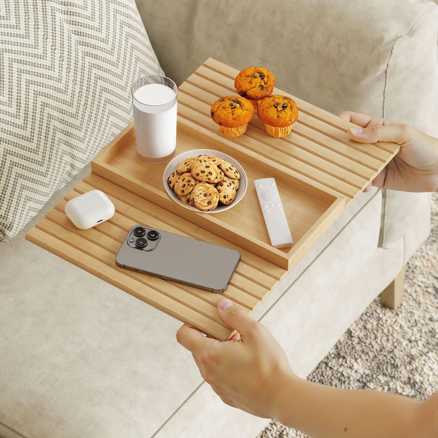 Bamboo Couch Arm Tray, Flexible Roll-up Design, Wide Compartment, Natural Living Room Furniture at Gallery Canada