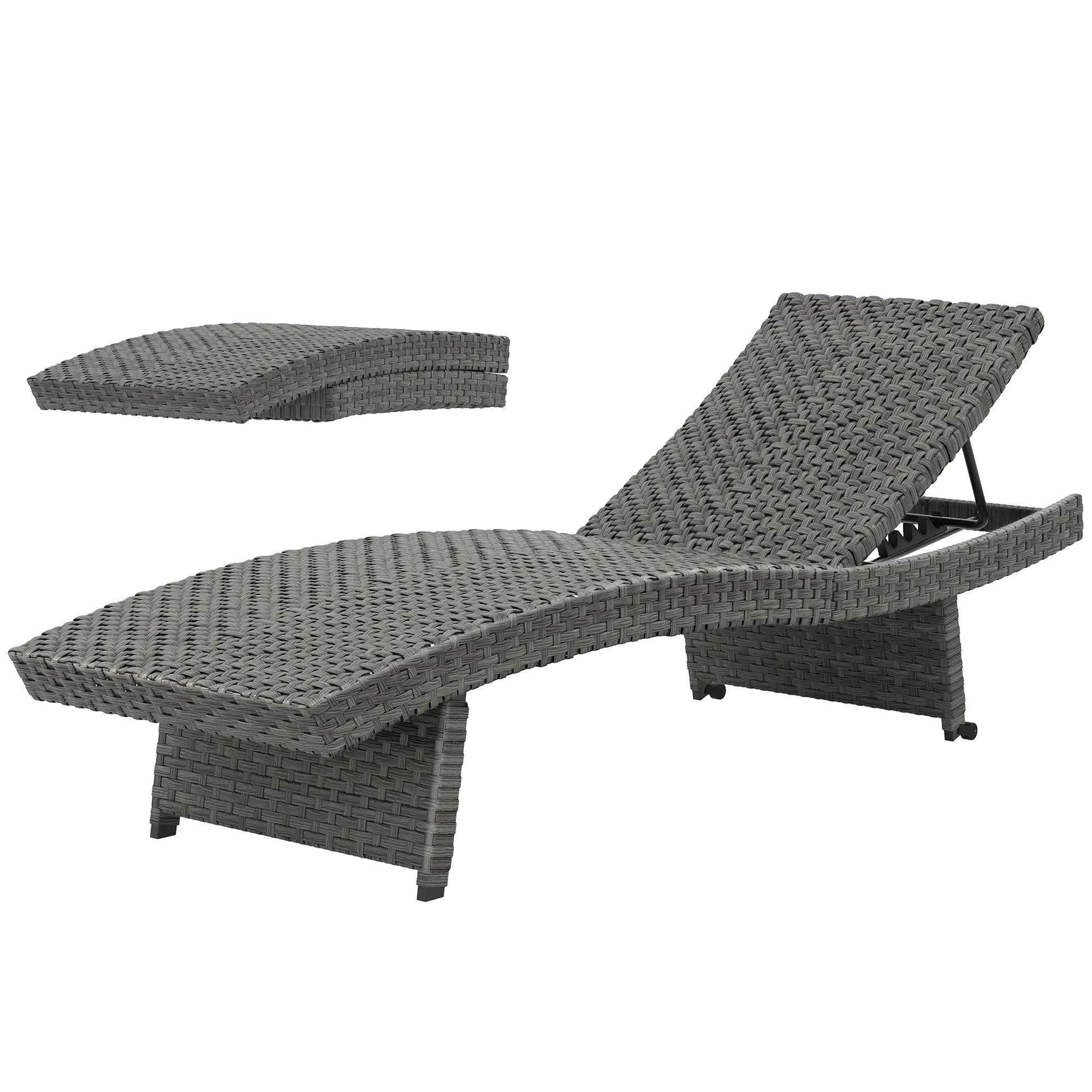 Folding Wicker Outdoor Chaise Lounge, 4-Level Adjustable Backrest, Grey Wicker Chaise Loungers Grey at Gallery Canada