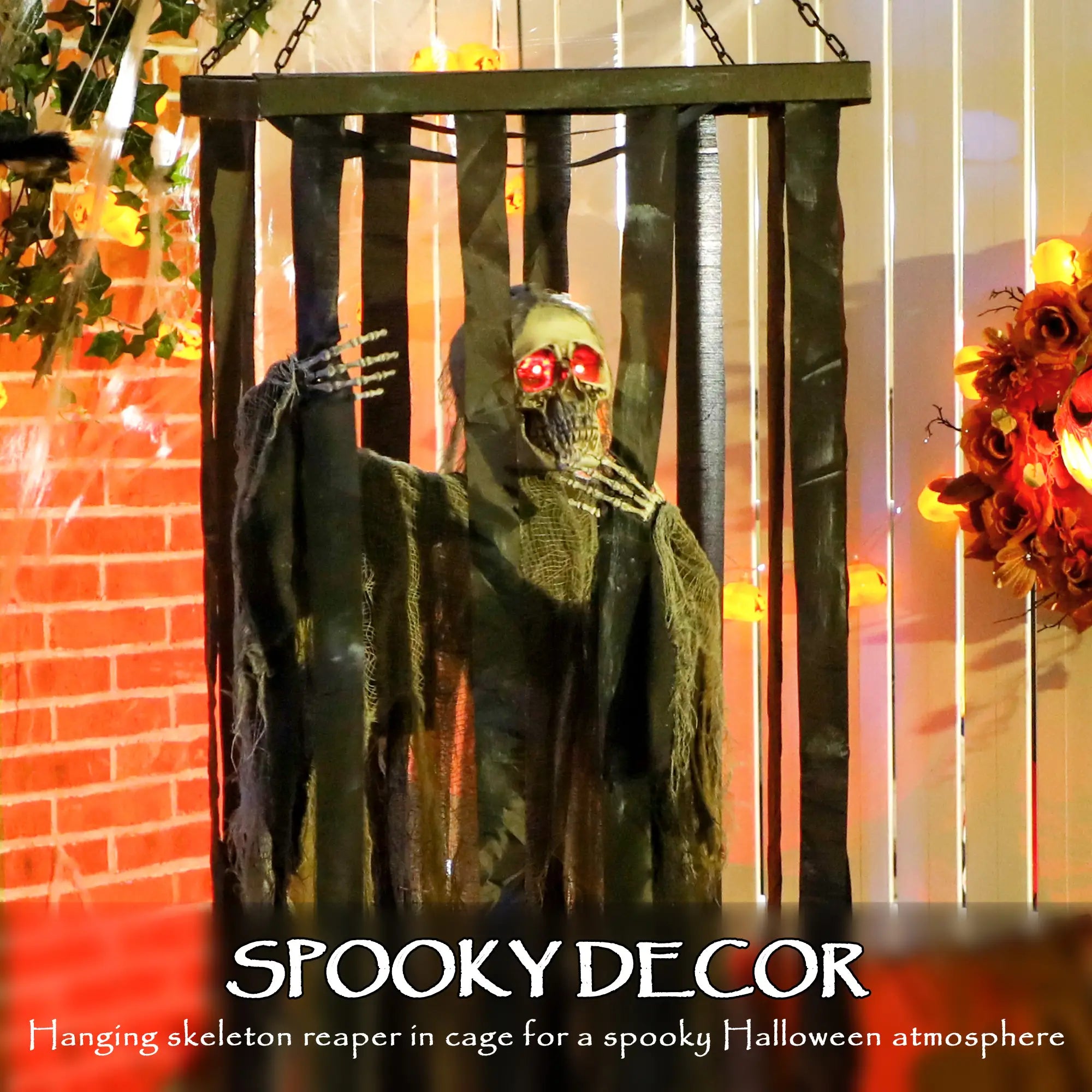Animatronics Hanging Skeleton Reaper in Cage, Voice-Activated, Flashing Eyes Halloween Decorations at Gallery Canada
