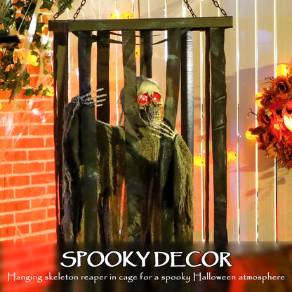Animatronics Hanging Skeleton Reaper in Cage, Voice-Activated, Flashing Eyes Halloween Decorations at Gallery Canada
