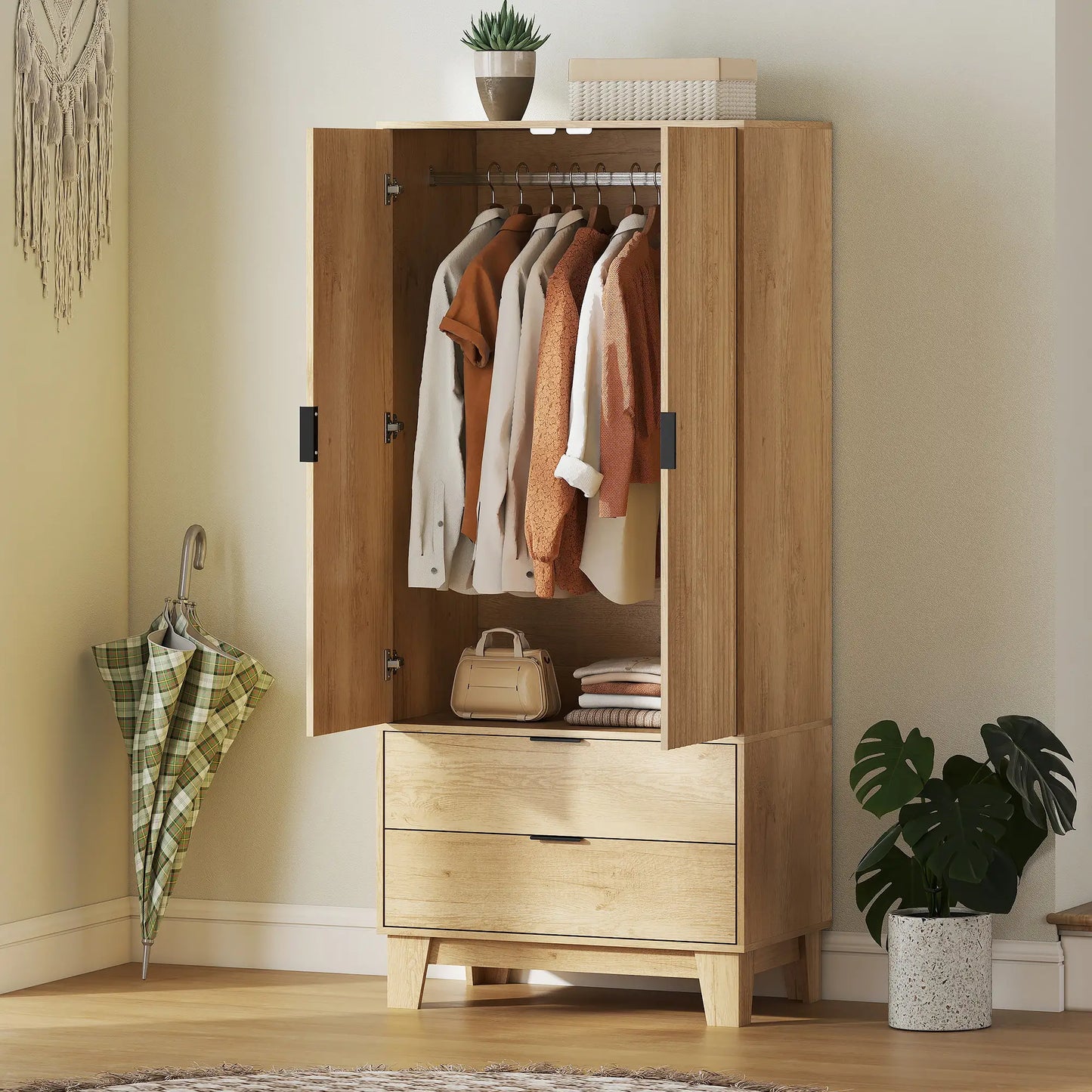 Modern Wardrobe Closet, Freestanding Armoire, 2 Drawers, Hanging Rod, Natural Clothing Storage at Gallery Canada
