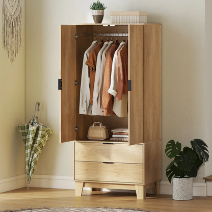 Modern Wardrobe Closet, Freestanding Armoire, 2 Drawers, Hanging Rod, Natural Clothing Storage at Gallery Canada